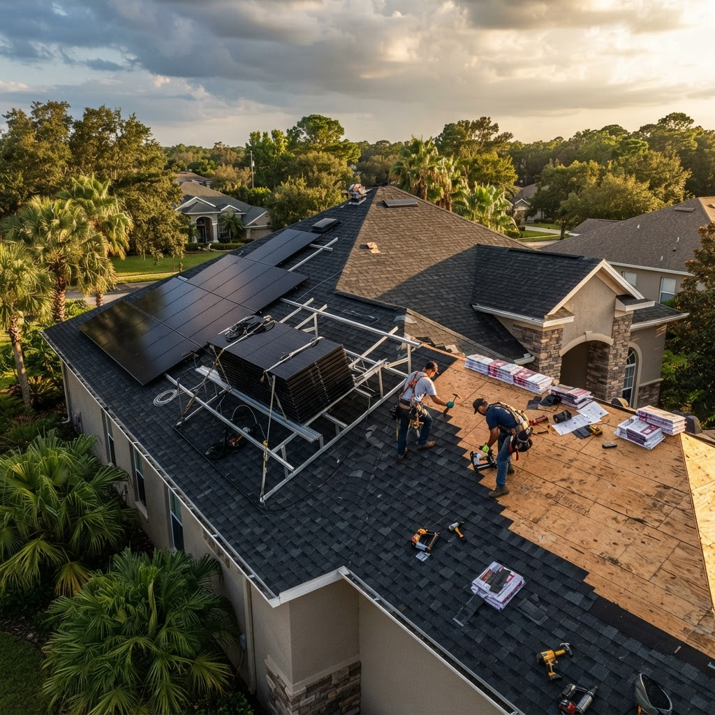 A central Florida roof mid-project with solar panels detached and a new roof going in underneath