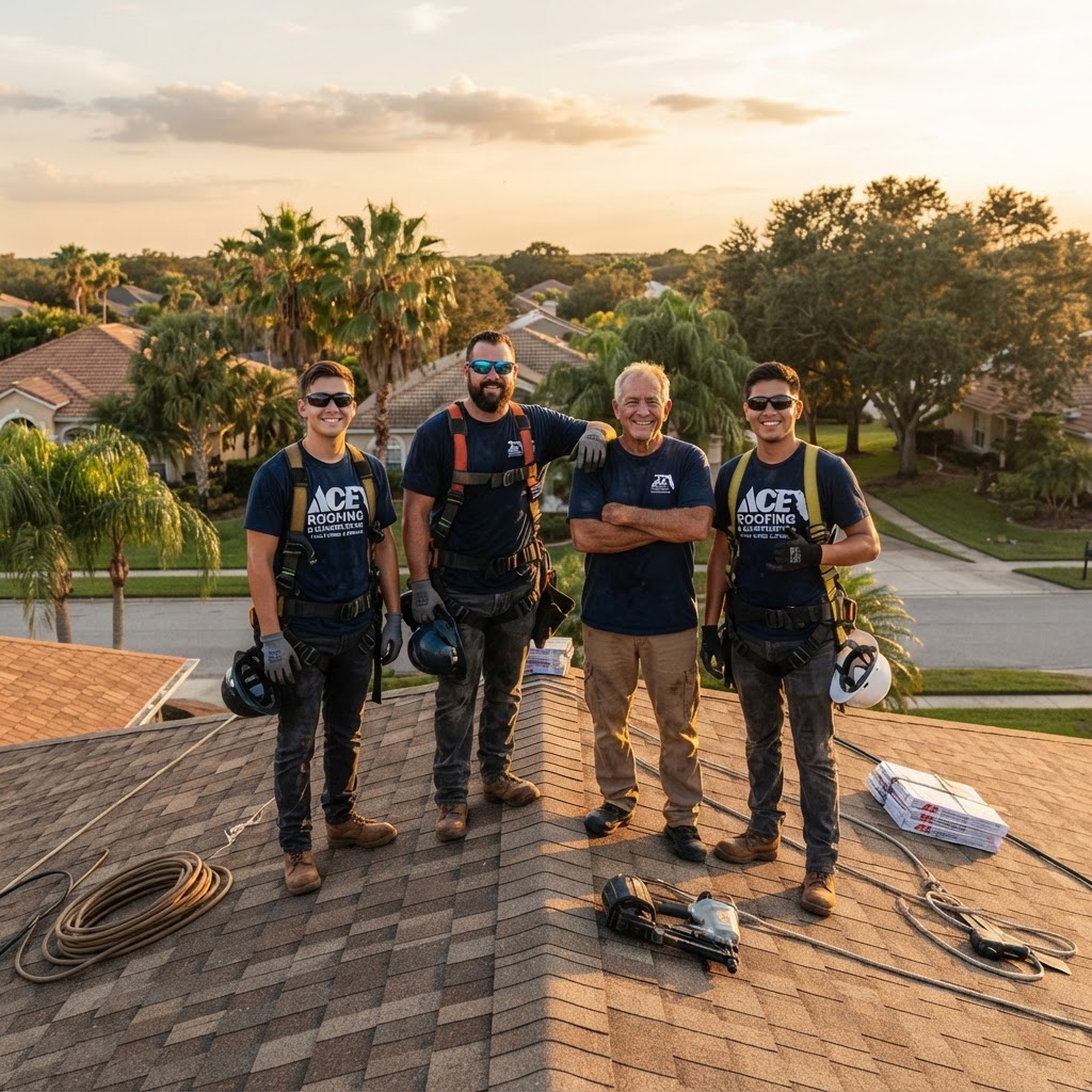The NextDoor Exterior Solutions crew standing together on a Florida rooftop at golden hour