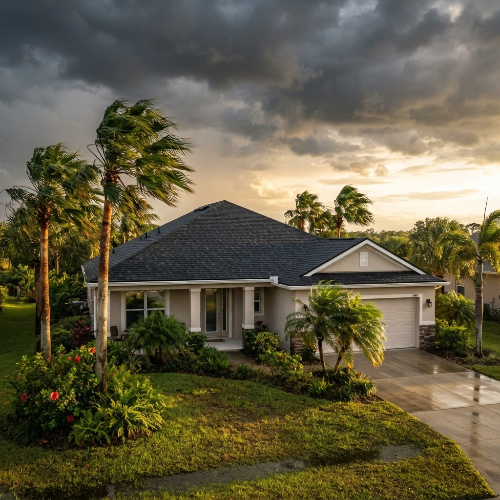 A central Florida home with a newly installed roof against a clearing storm sky